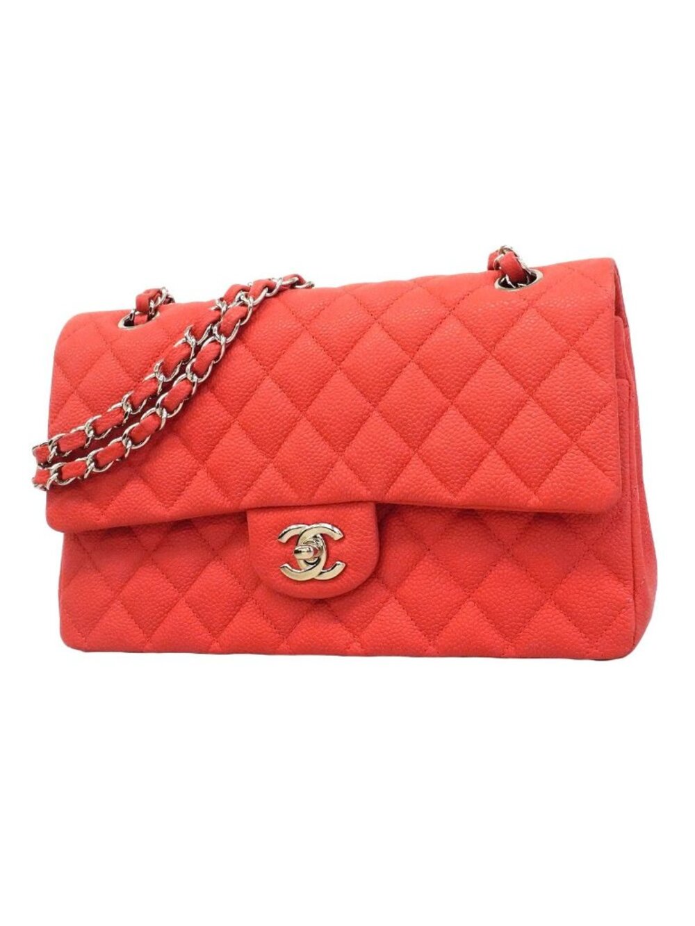 Chanel Shoulder Bag Quilted Caviar Leather Red Silver